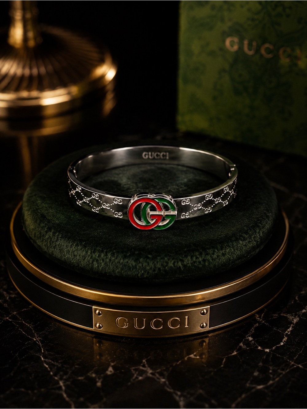 Silver Bracelet with Red and Green Interlocking GG Logo